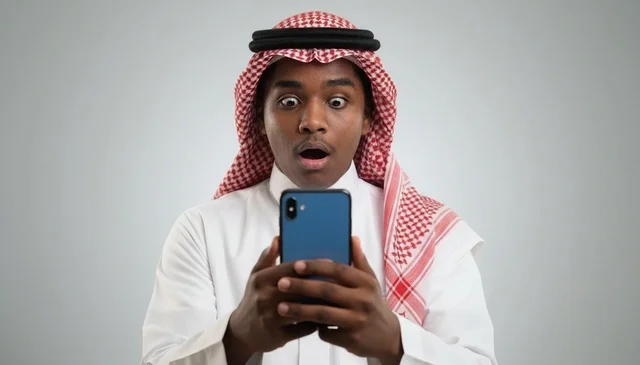 رجل سعودي مصدوم ينظر إلى هاتفه الذكي في الاستوديو