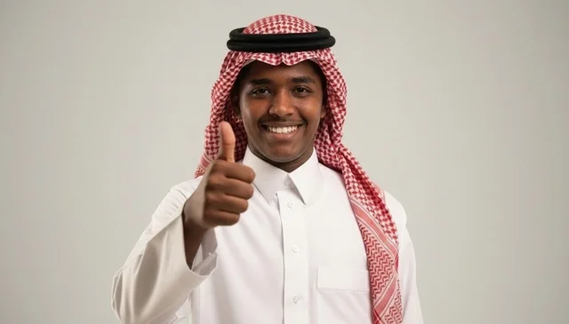 شاب سعودي بالزي التقليدي يبتسم ويشير بالإبهام لأعلى