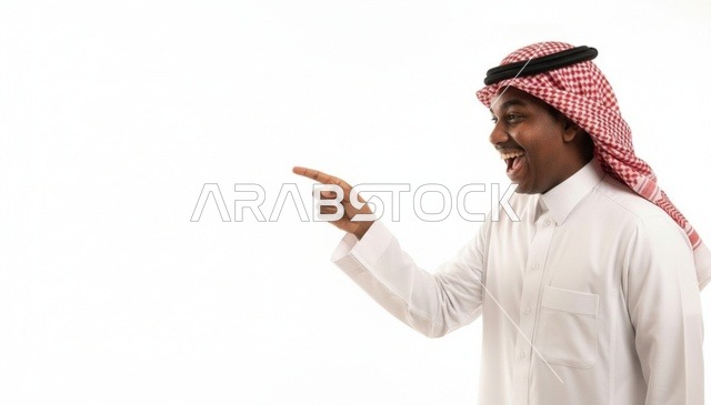 Smiling Saudi Man Pointing on White Background