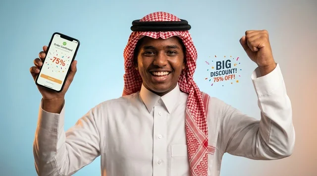 رجل سعودي يحمل هاتفاً ذكياً مع تخفيضات وخصم كبير