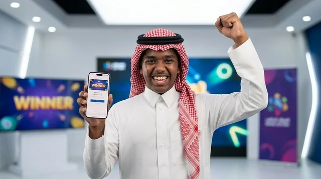 Happy Saudi Man Holding Smartphone with Winner Screen