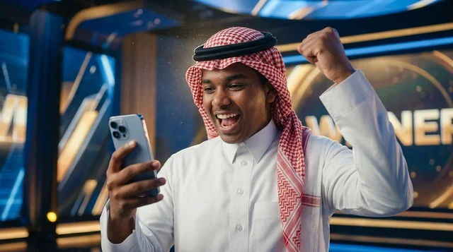 رجل سعودي يرتدي الشماغ يحتفل بالفوز عبر هاتفه الذكي رجل سعودي يرتدي الشماغ يحتفل بالفوز عبر هاتفه الذكي