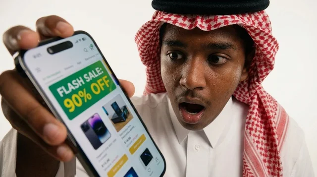 شاب سعودي مصدوم يحمل هاتف ذكي يعرض شاشة تخفيضات كبرى