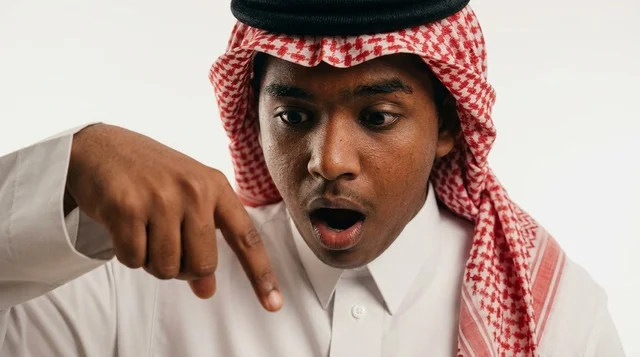 رجل سعودي متفاجئ ومصدوم يشير للأسفل على خلفية بيضاء