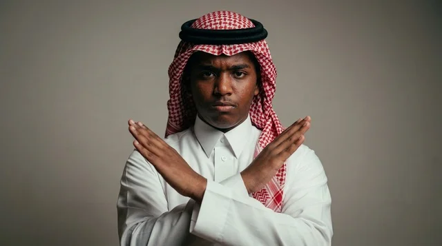 رجل سعودي يشير بالرفض بيدين متقاطعتين في الاستوديو