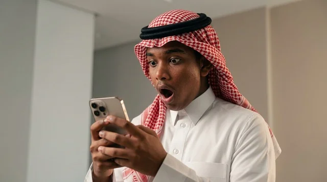 رجل سعودي متفاجئ ينظر إلى الهاتف الذكي في الداخل