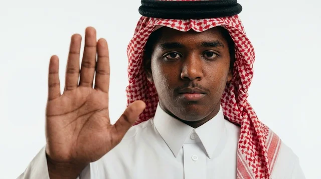 شاب سعودي يرتدي الشماغ يشير بيده بعلامة التوقف