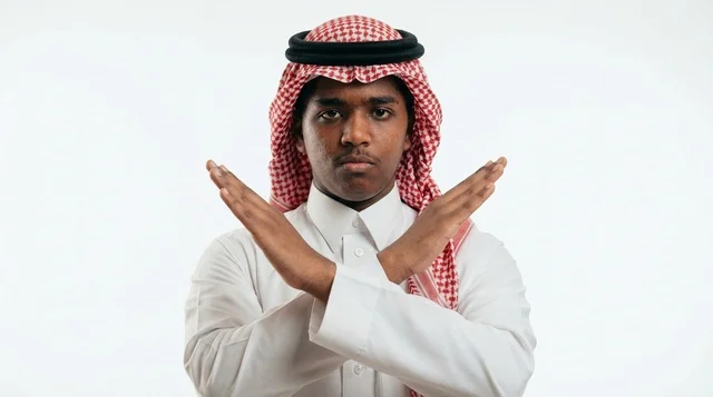 شاب سعودي يشير بعلامة الرفض أمام خلفية بيضاء