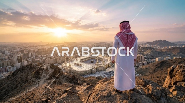 رجل سعودي يطل على المسجد الحرام في مكة وقت الغروب