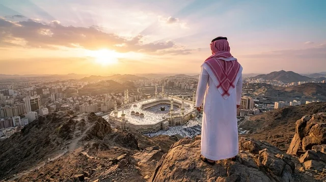 رجل سعودي يطل على المسجد الحرام في مكة وقت الغروب