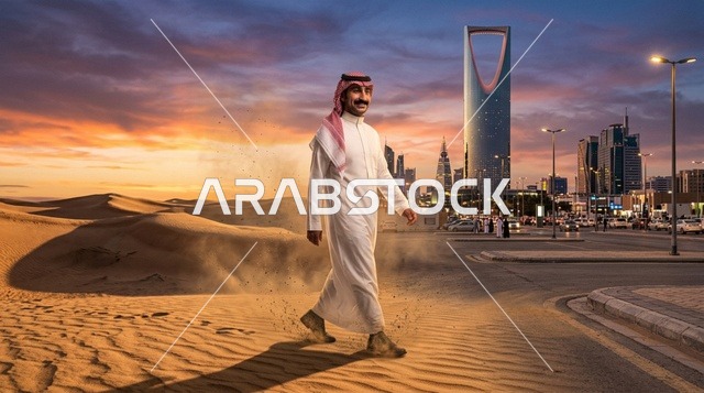 رجل سعودي يمشي من الصحراء إلى أفق الرياض وقت الغروب