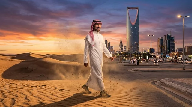 رجل سعودي يمشي من الصحراء إلى أفق الرياض وقت الغروب