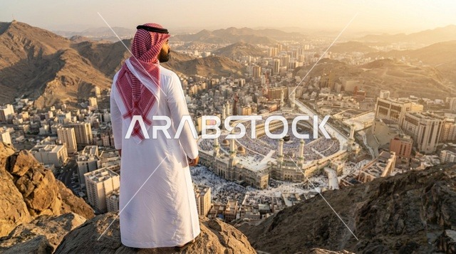 مواطن سعودي يطل على المسجد الحرام في مكة وقت الغروب