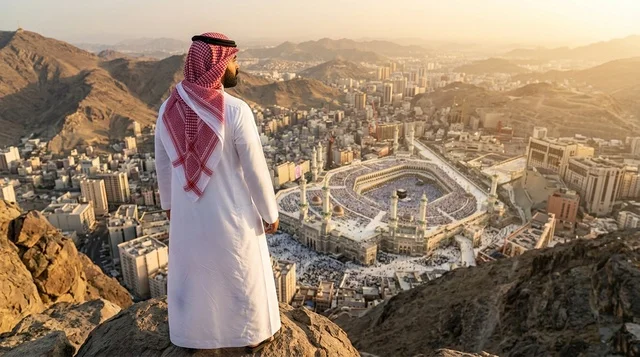 مواطن سعودي يطل على المسجد الحرام في مكة وقت الغروب