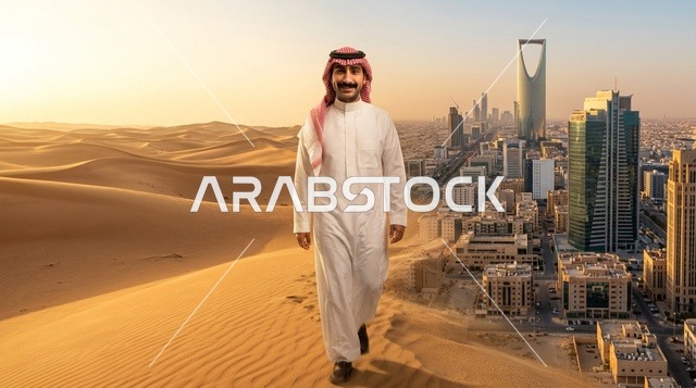 رجل سعودي في صحراء الرياض مع أفق المدينة وقت الغروب