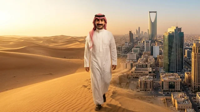 رجل سعودي في صحراء الرياض مع أفق المدينة وقت الغروب