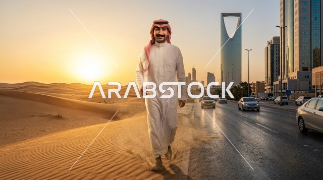 رجل سعودي يسير بين الصحراء والمدينة بالرياض وقت الغروب