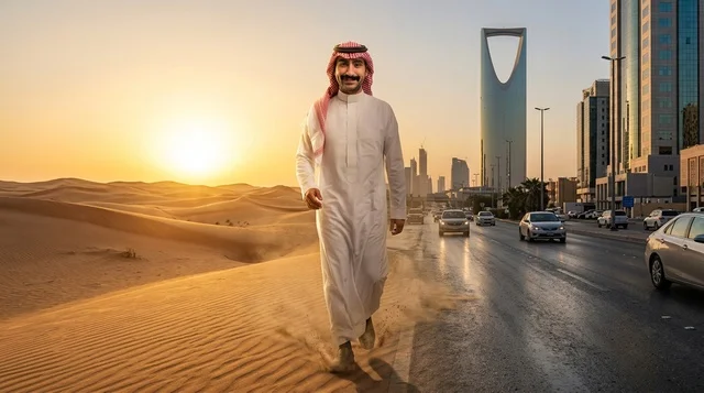رجل سعودي يسير بين الصحراء والمدينة بالرياض وقت الغروب