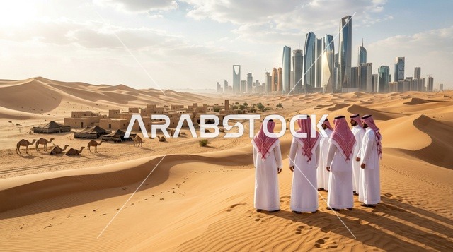 رجال سعوديون في الصحراء يطلون على أفق مدينة الرياض