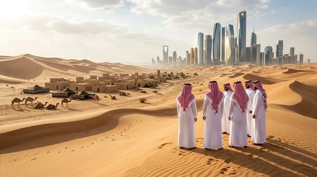 رجال سعوديون في الصحراء يطلون على أفق مدينة الرياض