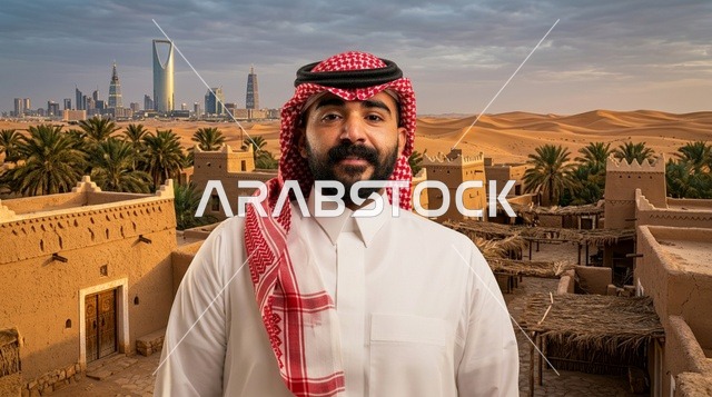 رجل سعودي يرتدي الزي التقليدي مع أفق مدينة الرياض