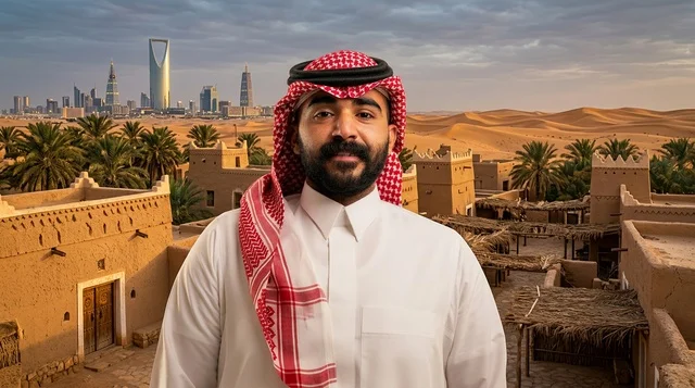 رجل سعودي يرتدي الزي التقليدي مع أفق مدينة الرياض