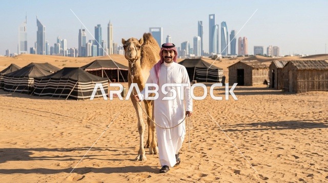 رجل إماراتي يسير مع جمل في الصحراء مع أفق دبي