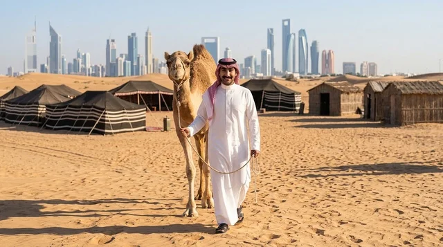 رجل إماراتي يسير مع جمل في الصحراء مع أفق دبي