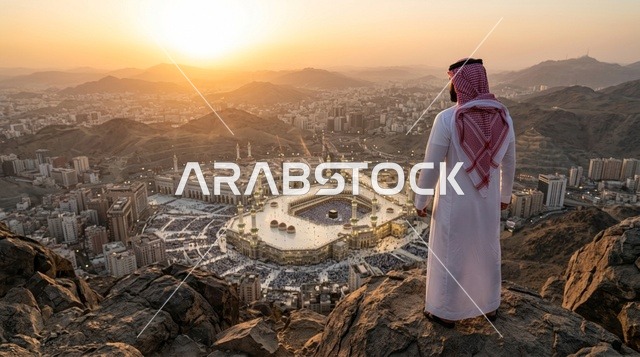 رجل سعودي يطل على المسجد الحرام بمكة وقت الغروب