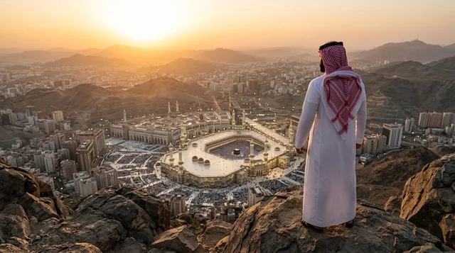 رجل سعودي يطل على المسجد الحرام بمكة وقت الغروب