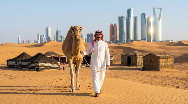 رجل سعودي مع جمل في الصحراء أمام أفق مدينة الرياض