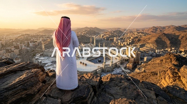 رجل سعودي يطل على المسجد الحرام في مكة وقت الغروب