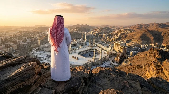 رجل سعودي يطل على المسجد الحرام في مكة وقت الغروب