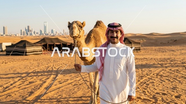 رجل سعودي مع جمل في صحراء الرياض مع أفق المدينة