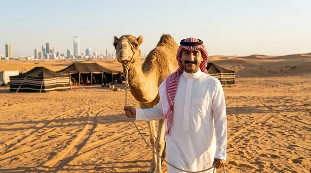 رجل سعودي مع جمل في صحراء الرياض مع أفق المدينة
