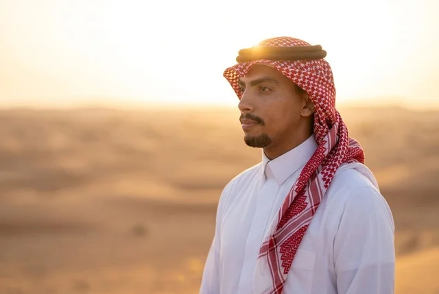 Saudi Man in Traditional Dress in Desert at Sunset
