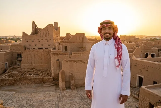 رجل سعودي في أطلال الدرعية التاريخية وقت الغروب