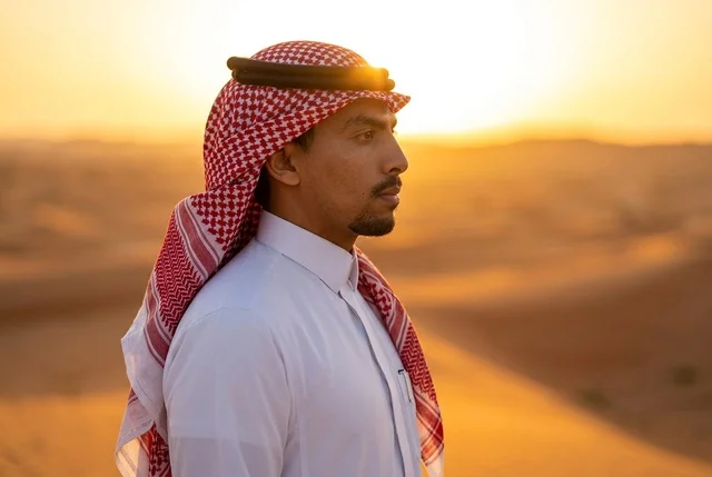 رجل سعودي بالزي التقليدي في الصحراء أثناء غروب الشمس
