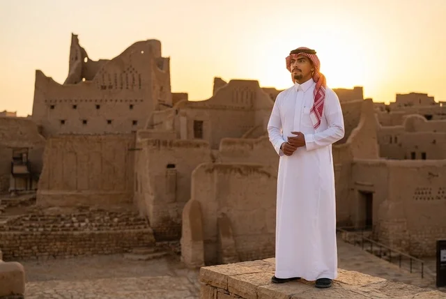 رجل سعودي بالزي التقليدي في أطلال الدرعية وقت الغروب