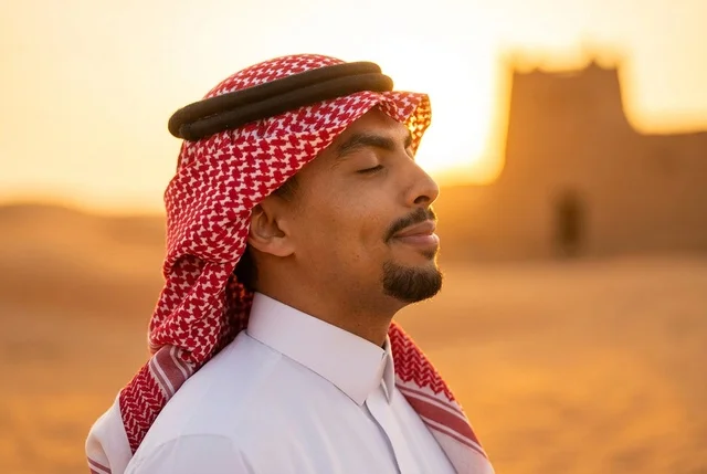 رجل سعودي بالزي التقليدي في الصحراء عند غروب الشمس