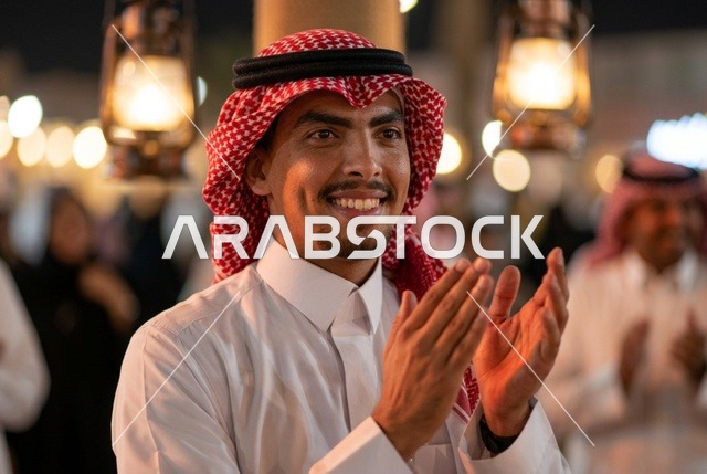 Smiling Saudi Man Clapping at Outdoor Evening Celebration