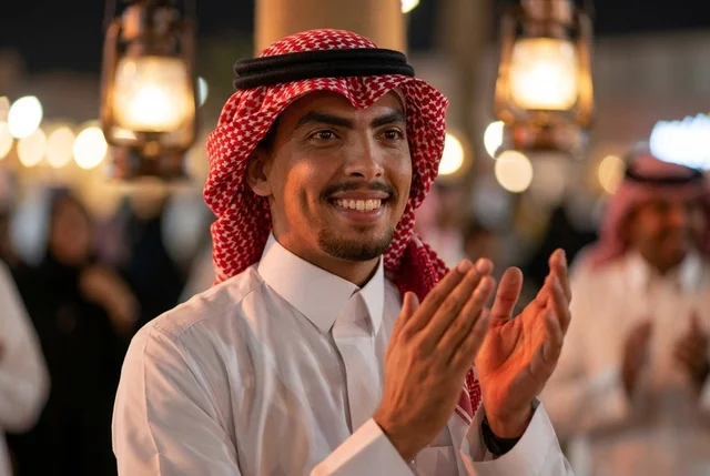 Smiling Saudi Man Clapping at Outdoor Evening Celebration