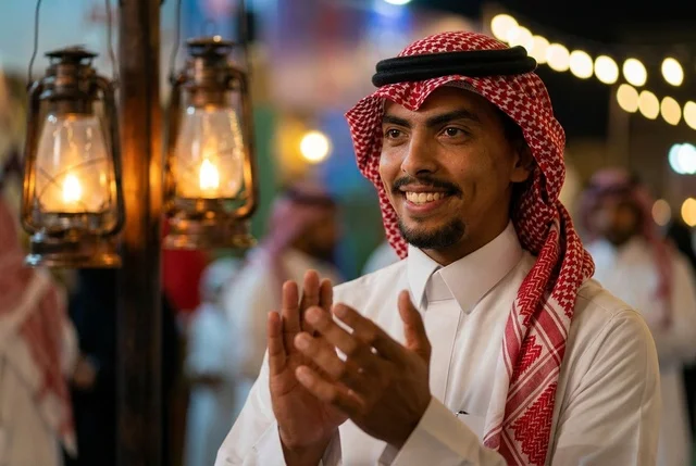رجل سعودي يرتدي الثوب التقليدي ويصفق في مهرجان ليلي