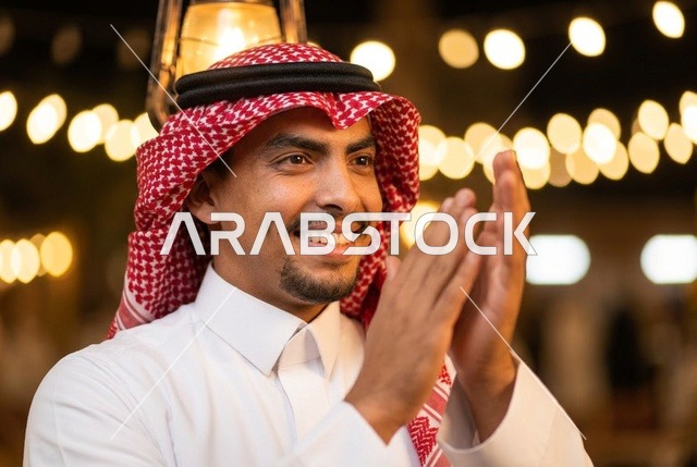 رجل سعودي يرتدي شماغ ويصفق في احتفال مسائي