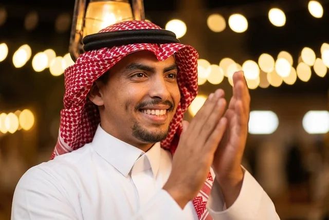 رجل سعودي يرتدي شماغ ويصفق في احتفال مسائي