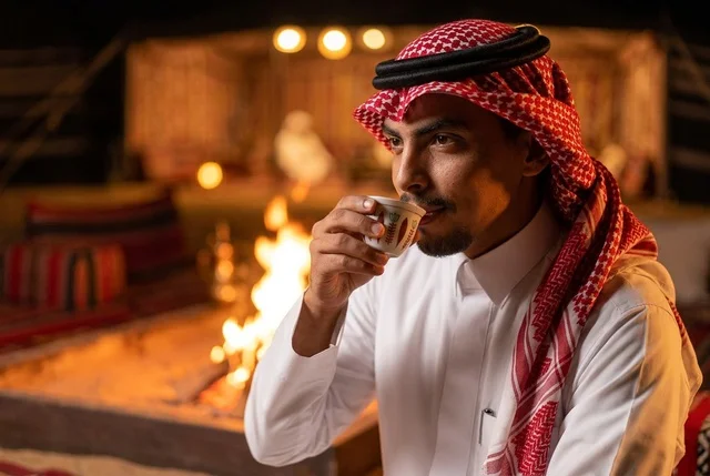 رجل سعودي يشرب القهوة العربية بجانب شبة النار ليلاً بالمخيم