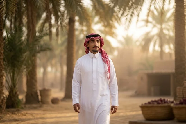 رجل سعودي بالثوب والشماغ يمشي في قرية تراثية قديمة
