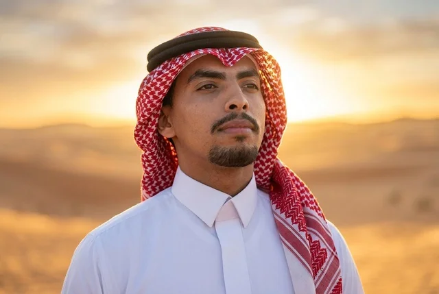 رجل سعودي بالشماغ التقليدي في الصحراء وقت الغروب