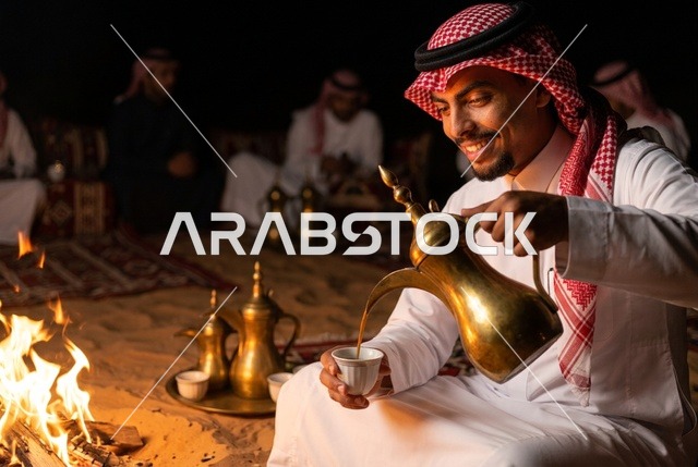 رجل سعودي يصب القهوة العربية في مخيم صحراوي ليلاً
