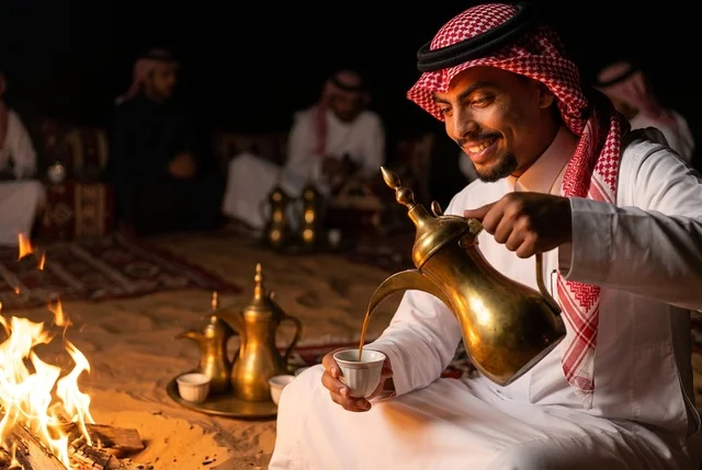 رجل سعودي يصب القهوة العربية في مخيم صحراوي ليلاً
